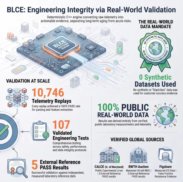 BLCE real-world validation infographic showing telemetry replays, engineering tests and external reference results