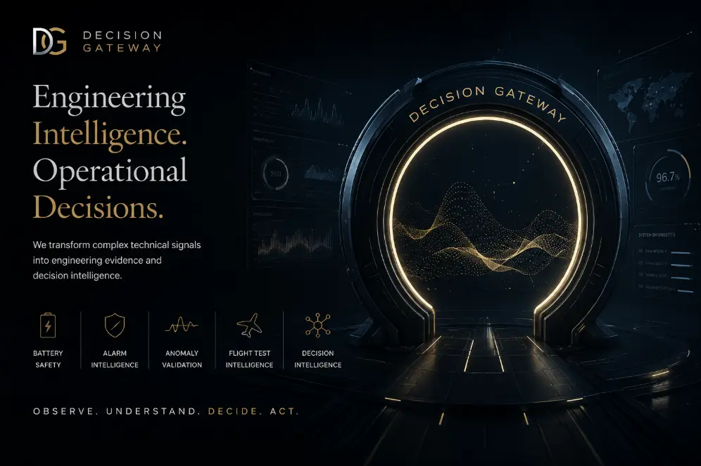 A luminous Decision Gateway portal surrounded by technical signal displays